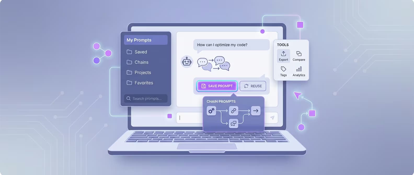 ChatGPT Toolbox prompt library interface showing saved prompts and chaining workflow