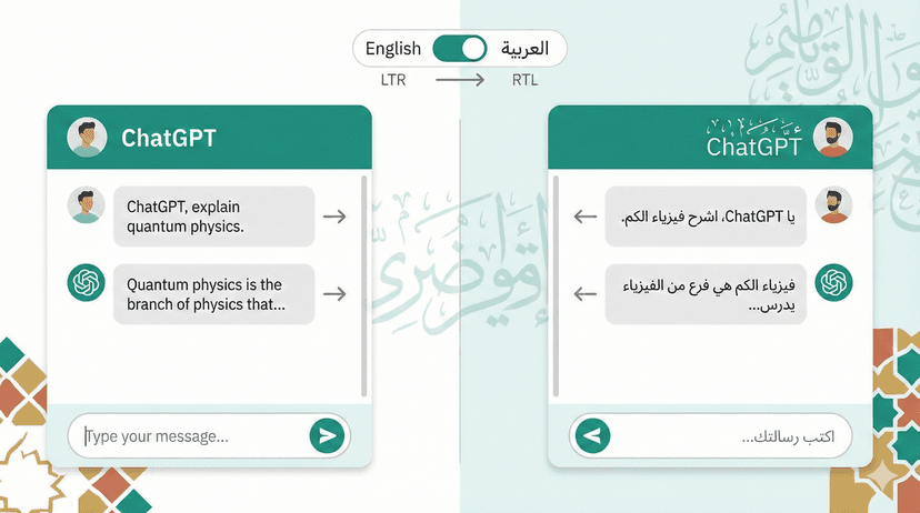 Create an illustration showing ChatGPT interface in both LTR (left-to-right) and RTL (right-to-left) layouts side by side. Include Arabic or Hebrew text samples, directional arrows indicating text flow, and a language toggle switch. Show cultural elements subtly (Arabic calligraphy style, Middle Eastern motifs). Use teal and white with cultural accent colors. Style: modern, inclusive, educational.