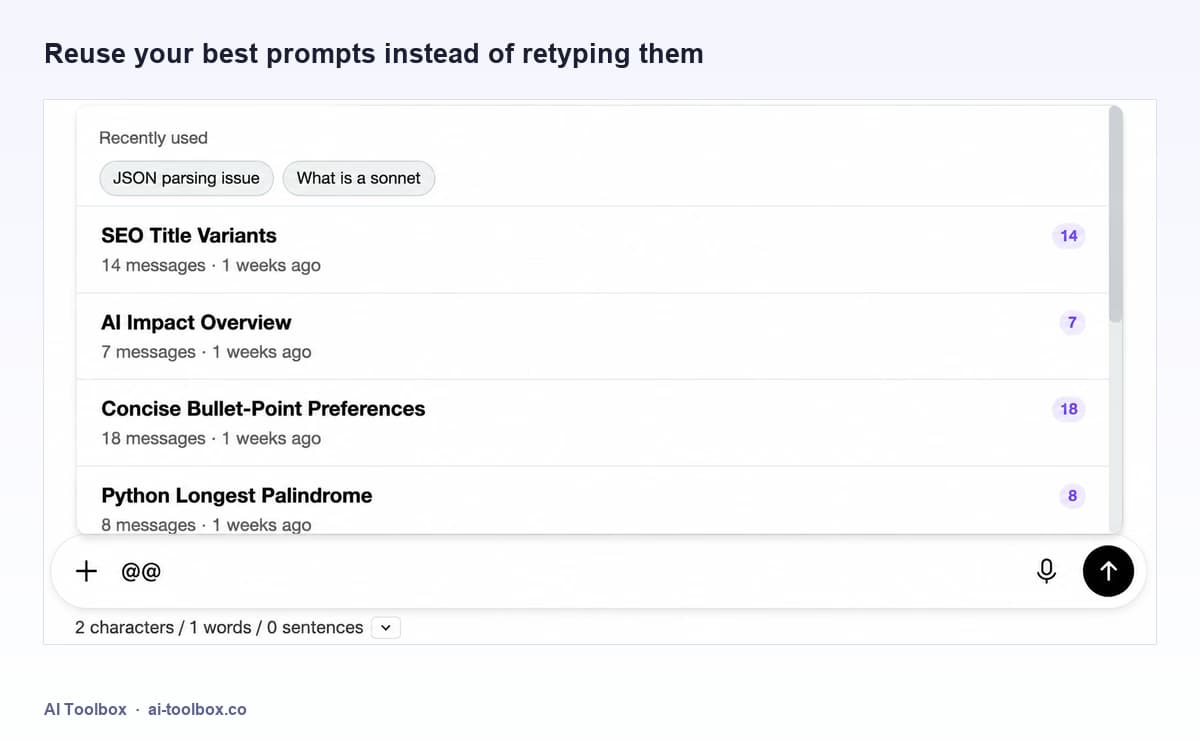 Recently used saved prompts including SEO Title Variants and Concise Bullet-Point Preferences
