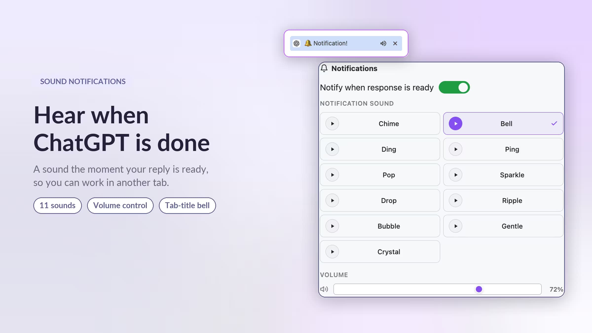 AI Toolbox Notifications settings with a Notify when response is ready toggle, 11 sound choices, a volume slider, and a tab blinking a bell