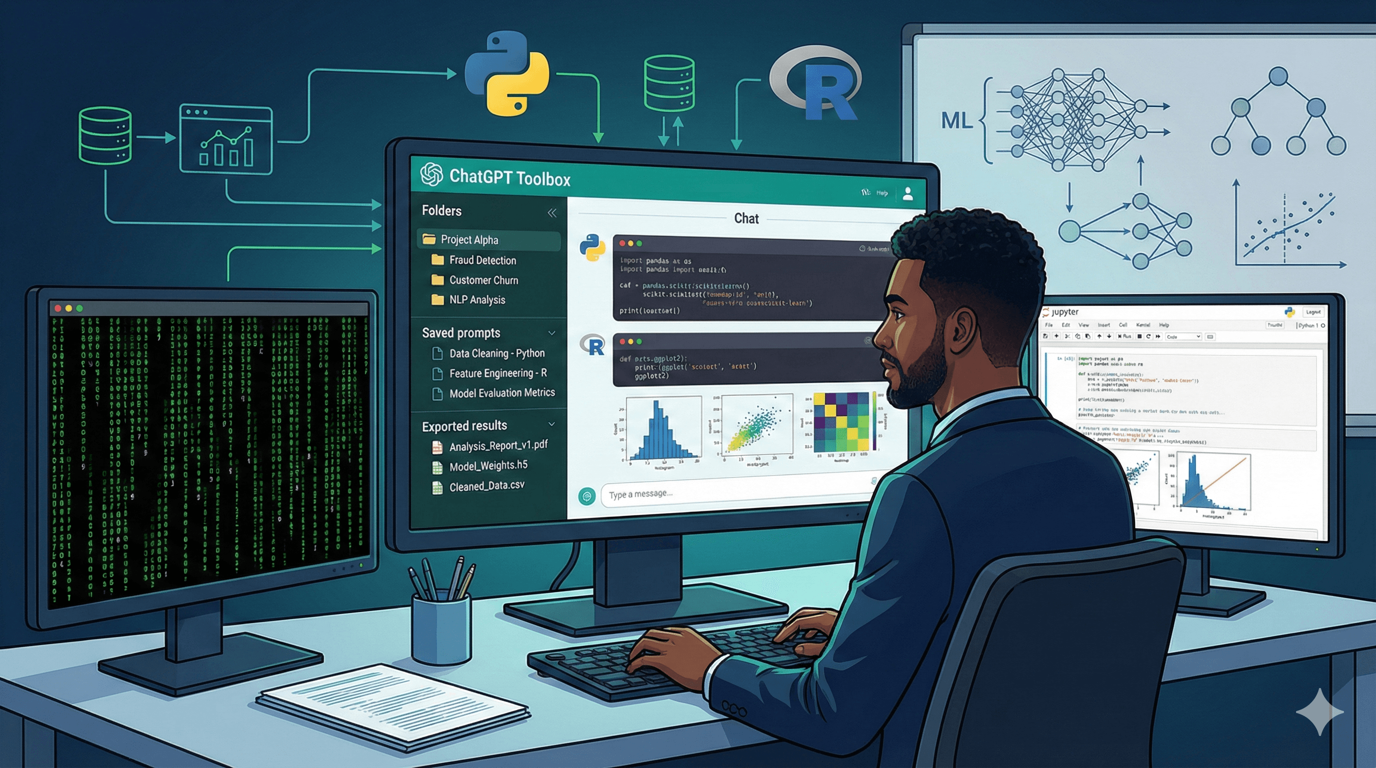 Create a technical illustration showing a data scientist using ChatGPT Toolbox with folders organized by data projects, saved code prompts, and exported analysis results. Show elements like data visualizations, code snippets, Python/R logos, statistical charts, ML model diagrams. Include terminal windows and Jupyter notebooks. Use teal and white with data science colors (deep blues, techy greens, matrix-style aesthetics). Style: technical, professional, data-focused.