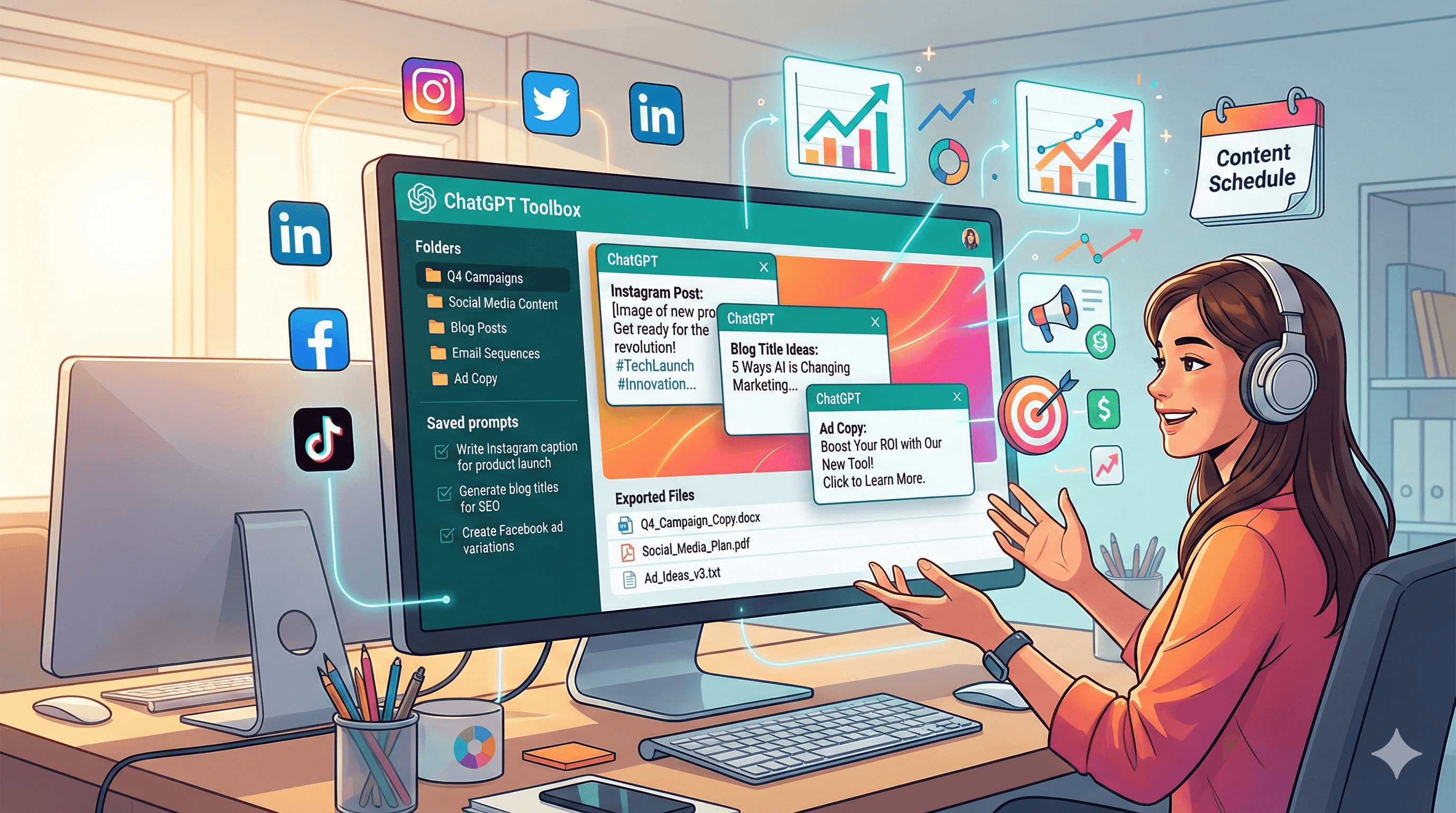 Create a dynamic illustration showing a marketer using ChatGPT Toolbox with folders organized by campaigns, saved prompts for content creation, and exported marketing copy. Show elements like social media icons, analytics charts, content calendar, ad campaigns. Include multiple ChatGPT windows with marketing content. Use teal and white with marketing colors (pink, orange, energetic gradients). Style: professional, dynamic, business-focused.