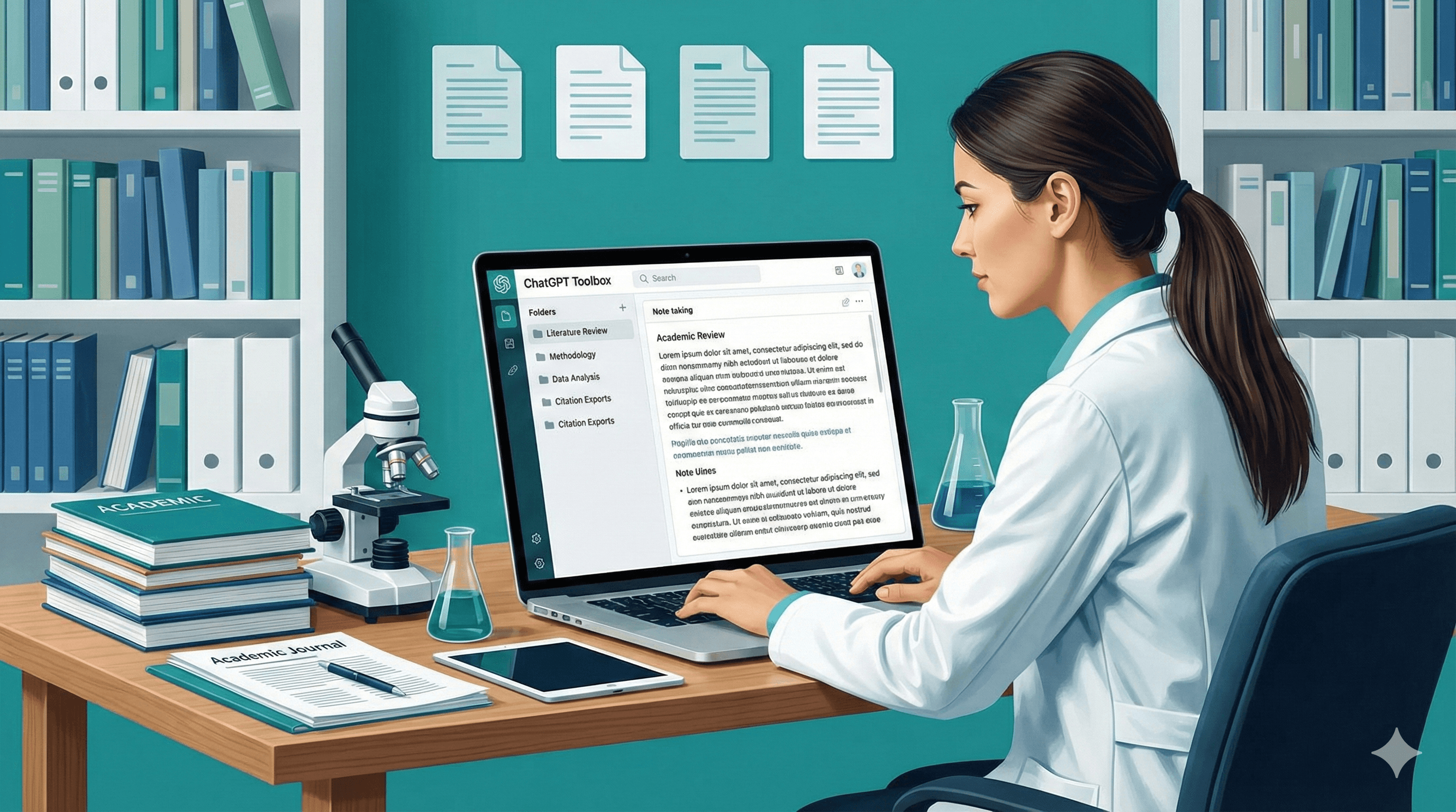 Create a professional illustration showing a researcher at a desk with a laptop displaying ChatGPT Toolbox interface. Show organized research folders, citation exports, note-taking features, and academic paper icons. Include elements like laboratory beakers, books, microscope in the background. Show conversation organization by research topics. Use teal and white with academic blues and scholarly aesthetics. Style: professional, academic, modern workspace.