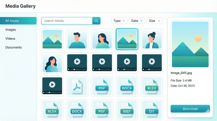 Create an illustration of a media gallery interface showcasing images, videos, and files organized in a grid layout. Show thumbnails of various media types (photos, PDFs, documents) with a sleek, modern gallery viewer UI. Include search bar, filter options, and preview panel. Use teal and white colors with smooth gradients. Style: clean, modern UI design, slight 3D depth.