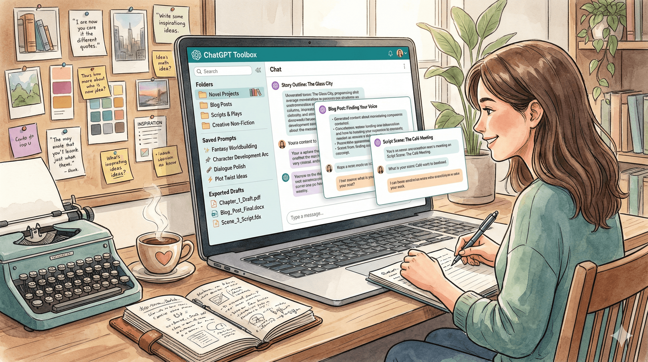 Create an inspiring illustration showing a writer/content creator using ChatGPT Toolbox with organized writing projects in folders, saved creative prompts, and exported drafts. Show elements like typewriter (modern), coffee cup, notebook, inspiration board, creative workspace. Include multiple ChatGPT conversations with story outlines, blog posts, scripts. Use teal and white with creative colors (purple for imagination, warm tones for creativity). Style: artistic, inspiring, creative workspace aesthetic.