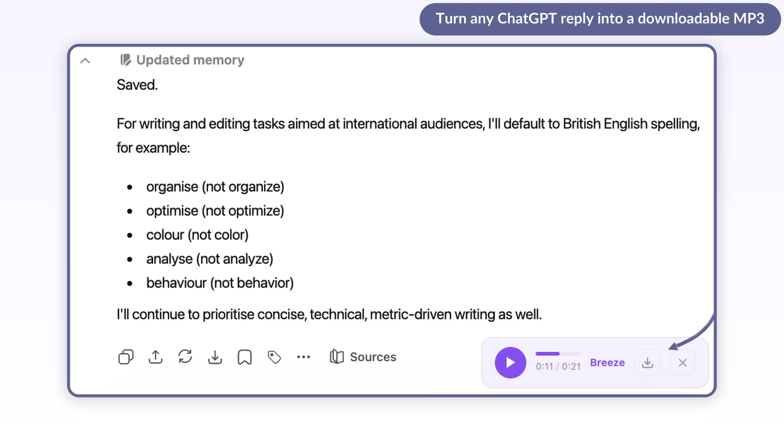 An inline audio player below a ChatGPT reply with a play button, progress bar, the Breeze voice, and a download button