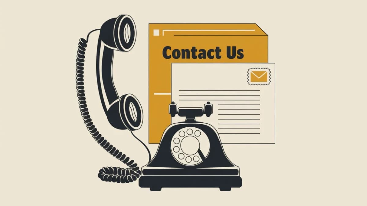 An illustration of a vintage contact us page with a telephone and a mail letter. There's a telephone with a receiver hanging down and a mail letter with a stamp. The background is a creamy beige color.