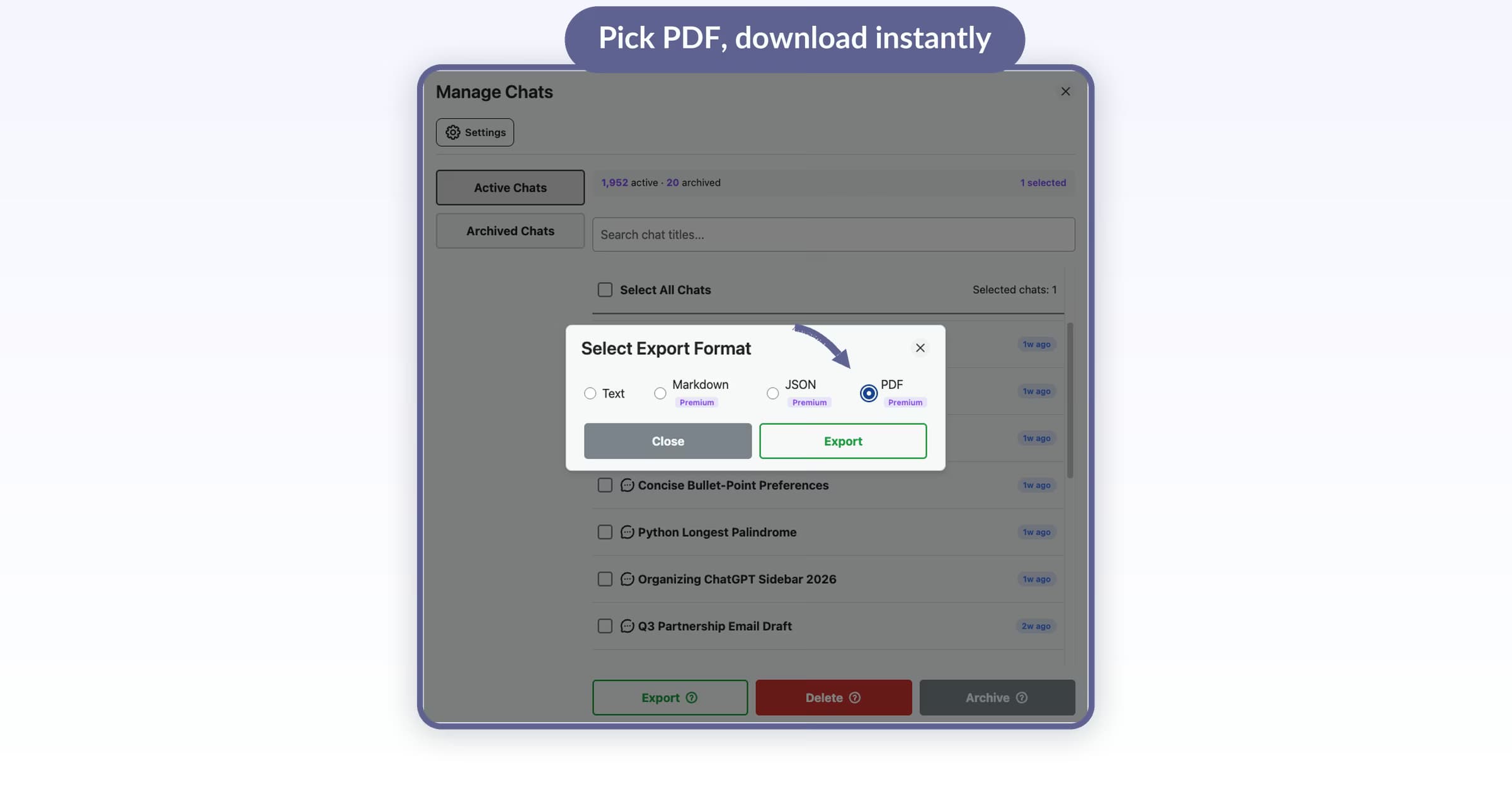 AI Toolbox Select Export Format modal with the PDF option selected for instant ChatGPT conversation PDF export