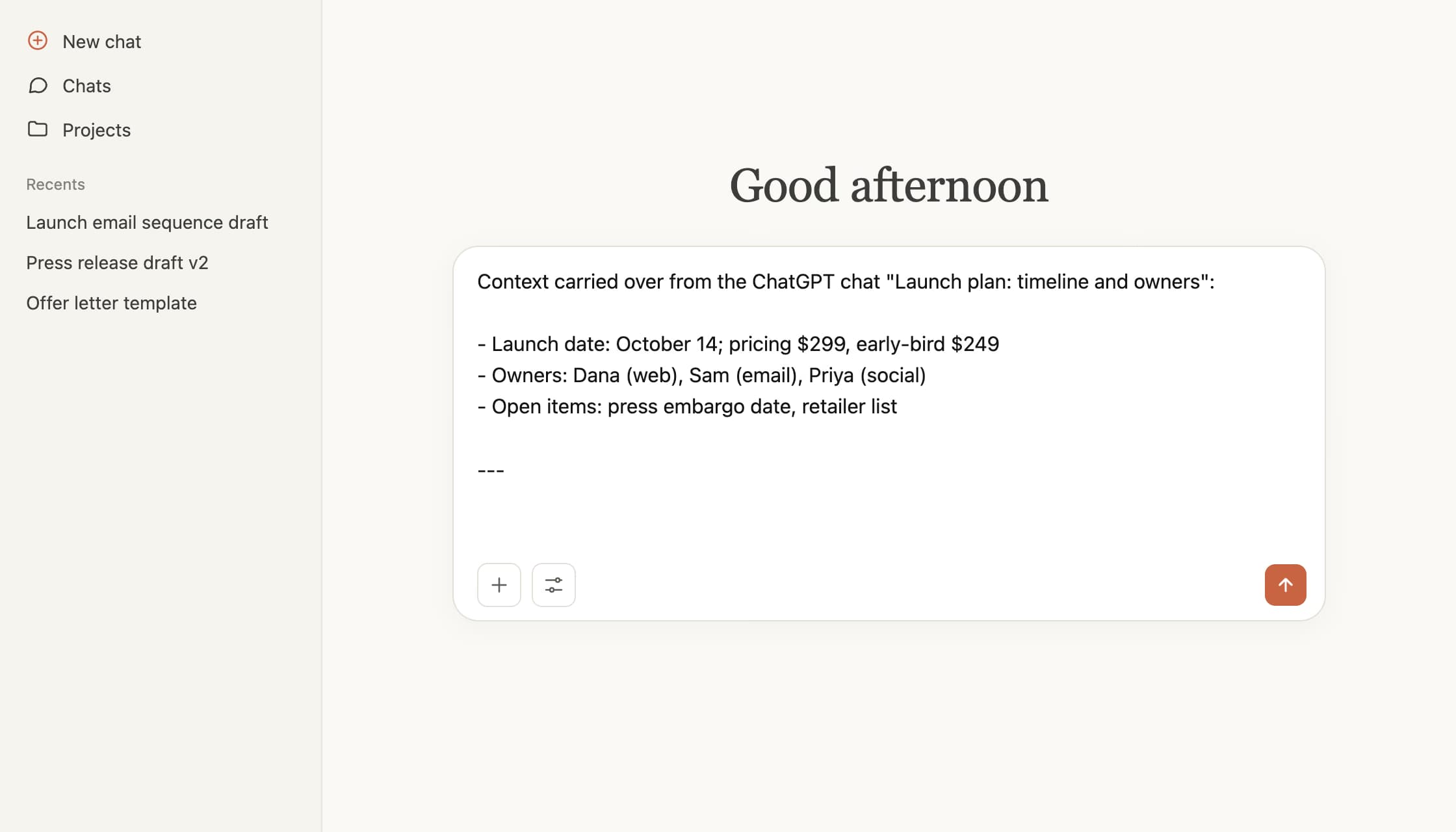 A new Claude chat with the message box pre-filled with context carried over from the ChatGPT chat: launch date, owners, and open items