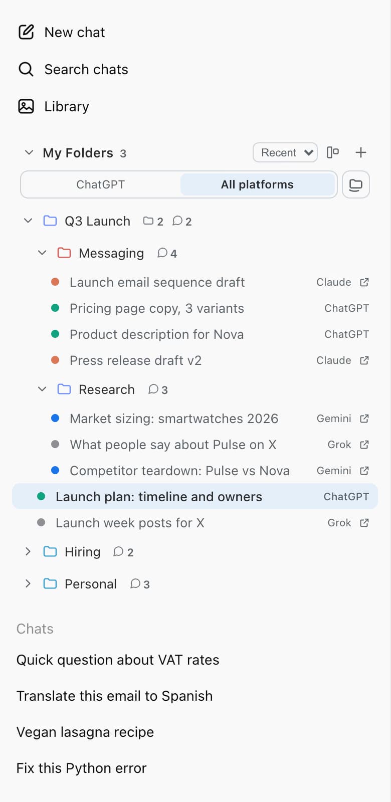 Folder tree in the ChatGPT sidebar switched to All platforms, with ChatGPT, Claude, Gemini, and Grok chats filed together in Q3 Launch