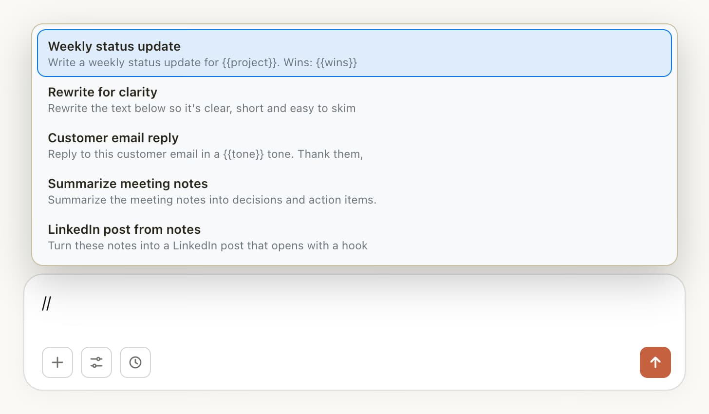Typing // in Claude opens the same saved prompts created on ChatGPT, such as Weekly status update and Customer email reply