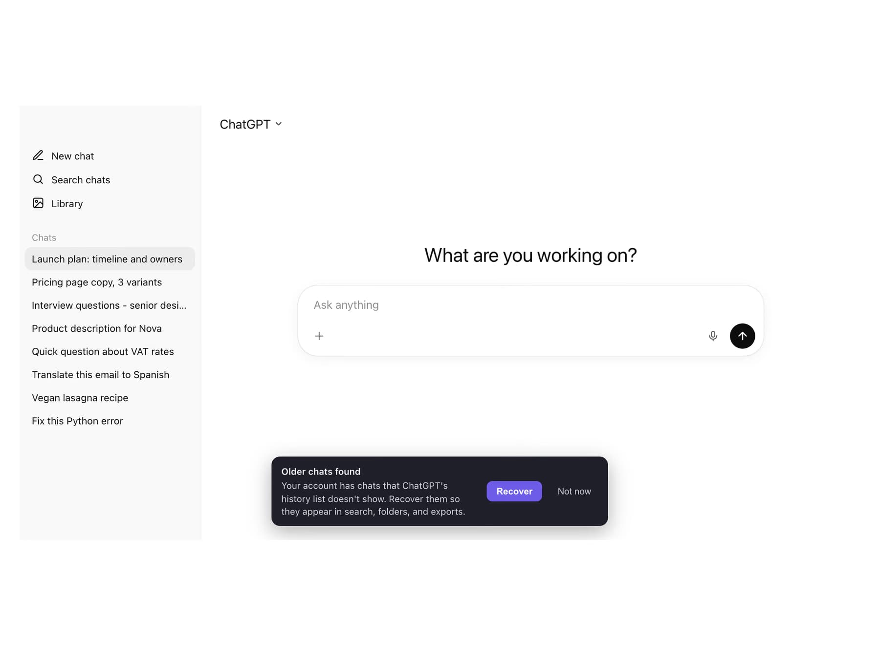 Older chats found banner on ChatGPT with Recover and Not now buttons
