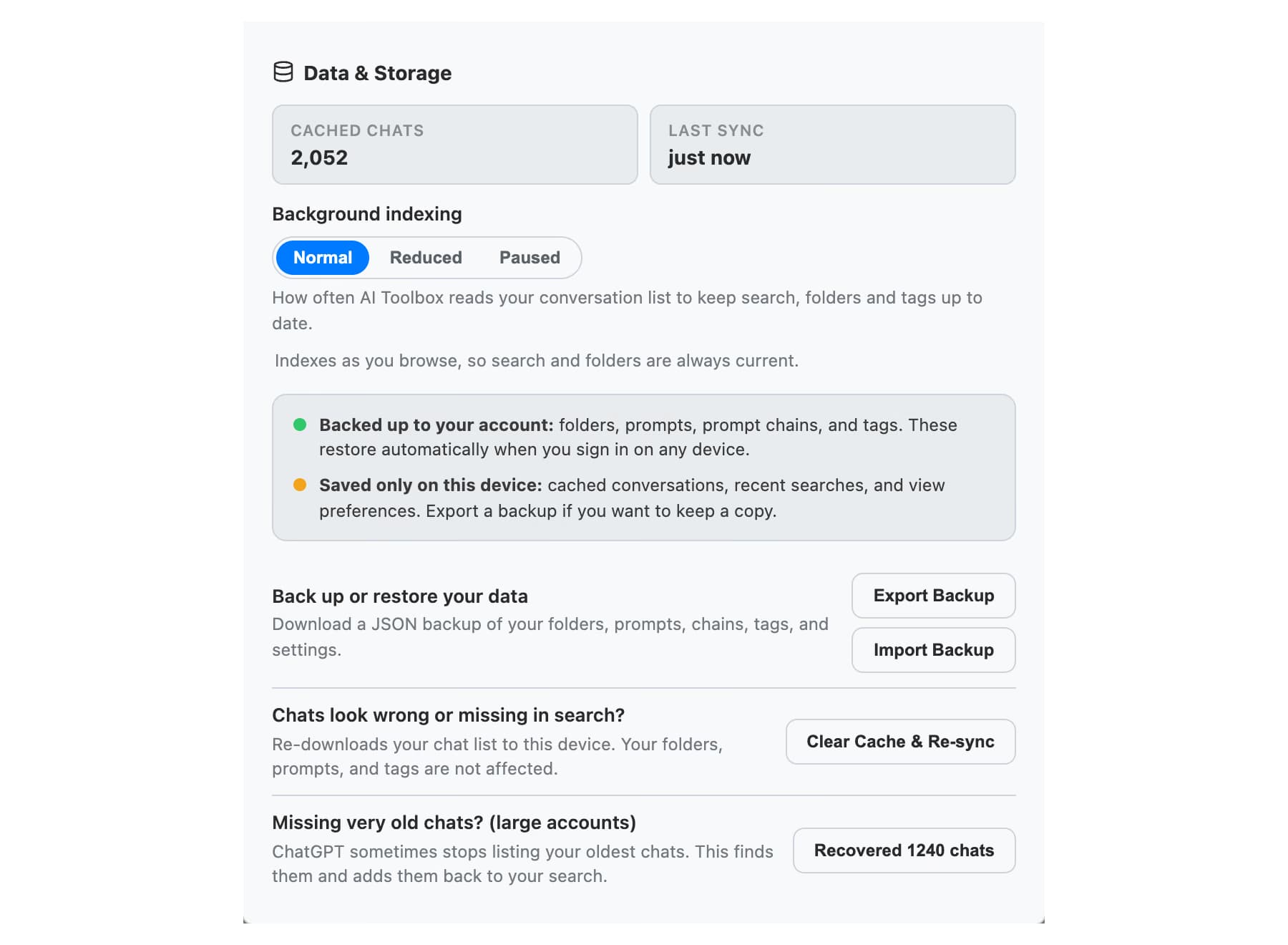 Data and Storage settings after Deep Import: Recovered 1240 chats, with 2,052 chats now cached for search