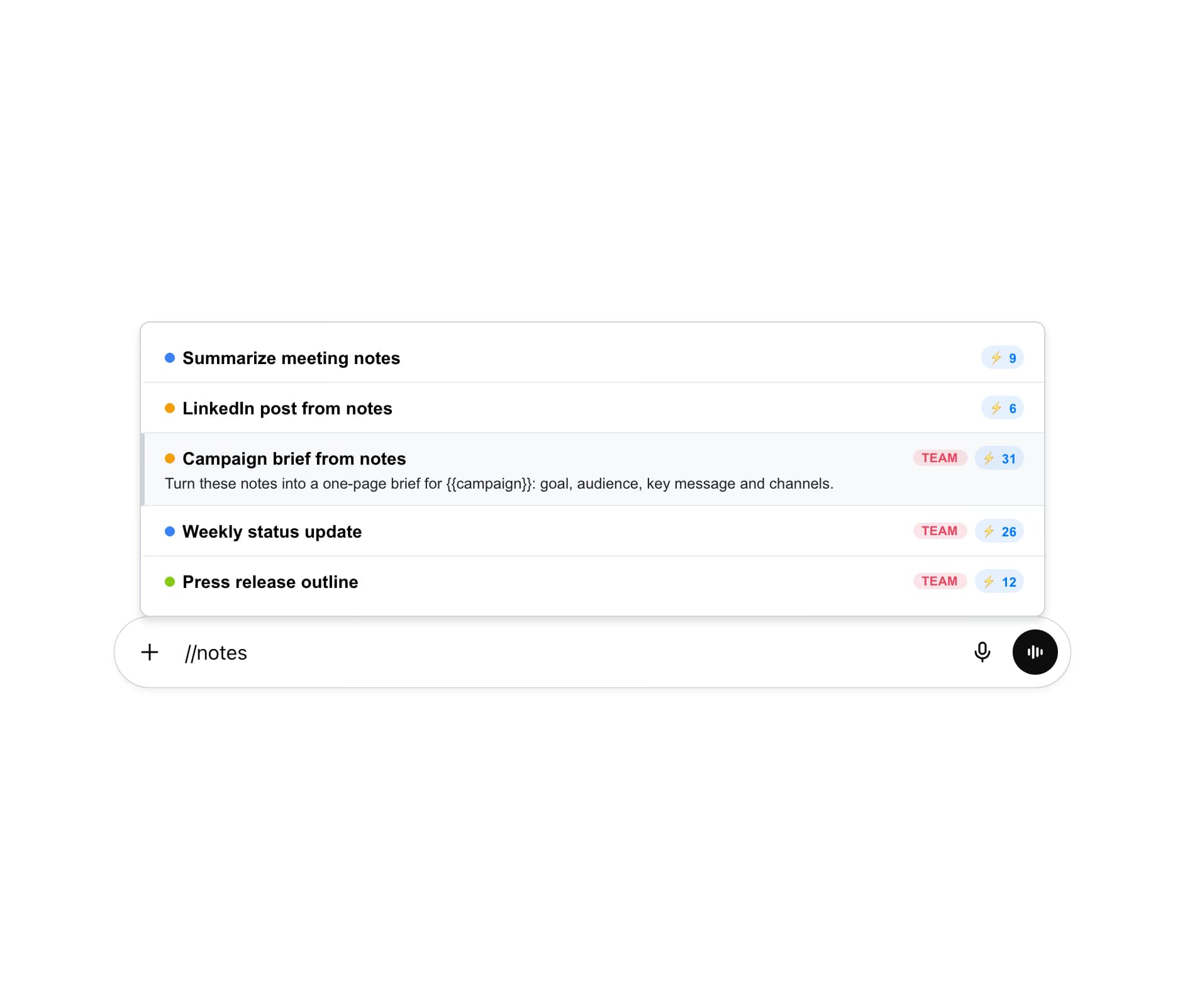 Typing // in ChatGPT lists personal prompts and team prompts marked TEAM in one list