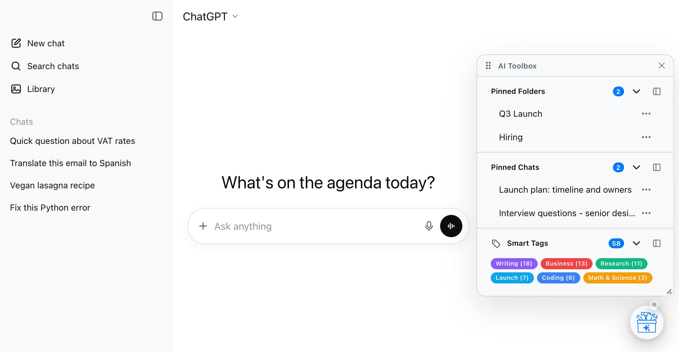 ChatGPT sidebar showing only unfiled chats, next to the floating AI Toolbox window with Pinned Folders, Pinned Chats, and Smart Tags