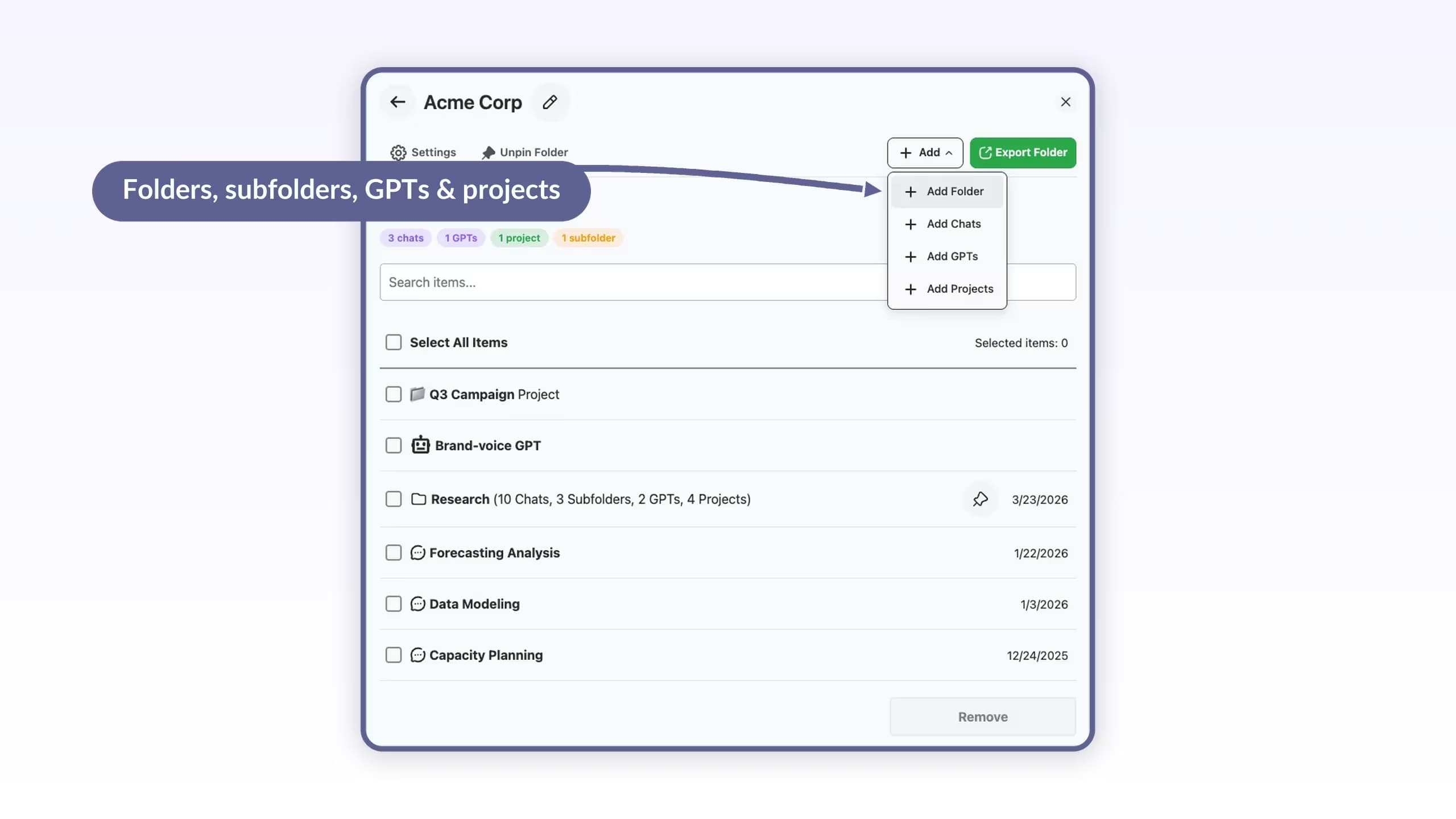 AI Toolbox folder manager showing folders, subfolders, GPTs, and projects organized in one ChatGPT sidebar panel