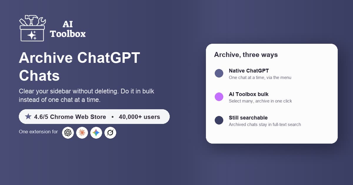 Modern ChatGPT interface showing the archive feature with a highlighted archive button on a conversation card. Clean sidebar showing organized active chats with archive icon visible on hover.