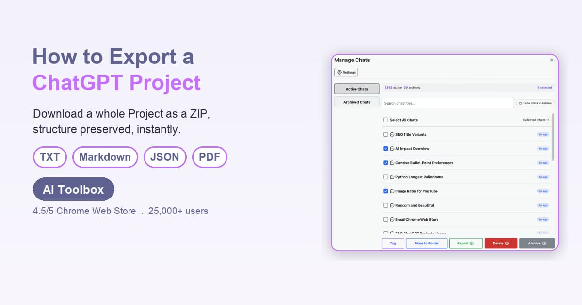 AI Toolbox Export Project entry in the ChatGPT Project three-dot menu, above Project settings and Pin project