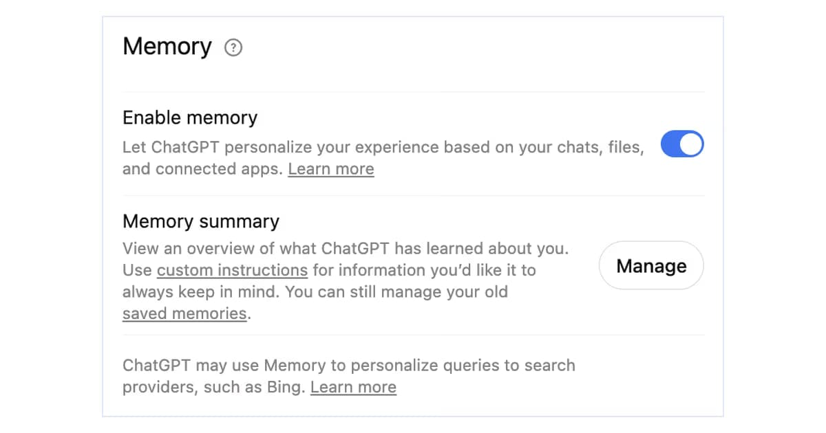 ChatGPT Settings, Personalization, Memory section with the Enable memory toggle and the Memory summary Manage button