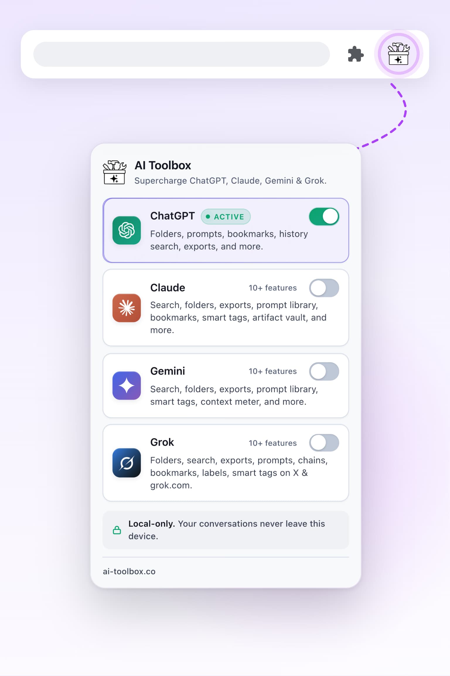 AI Toolbox popup with switches for ChatGPT, Claude, Gemini and Grok, linked by a dashed line to the pinned AI Toolbox icon in the toolbar above.