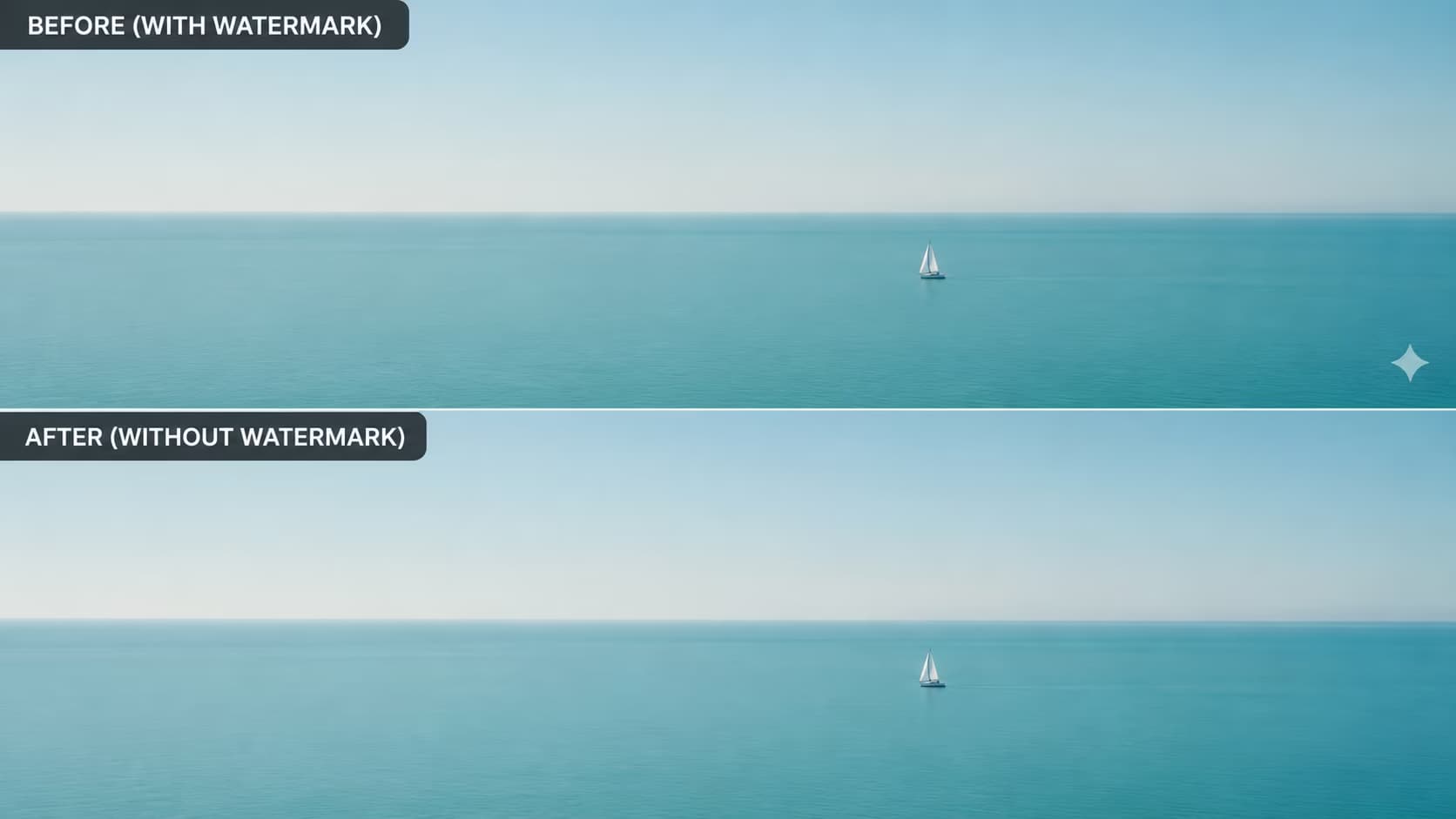 Before and after of the same Gemini image download: the top panel has the sparkle watermark in the corner, the bottom panel saved with AI Toolbox is clean
