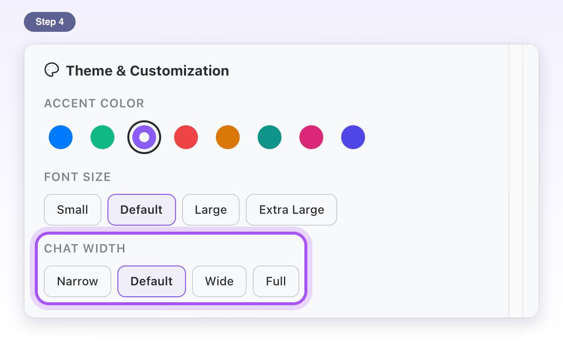 The Chat Width choices highlighted: Narrow, Default, Wide and Full