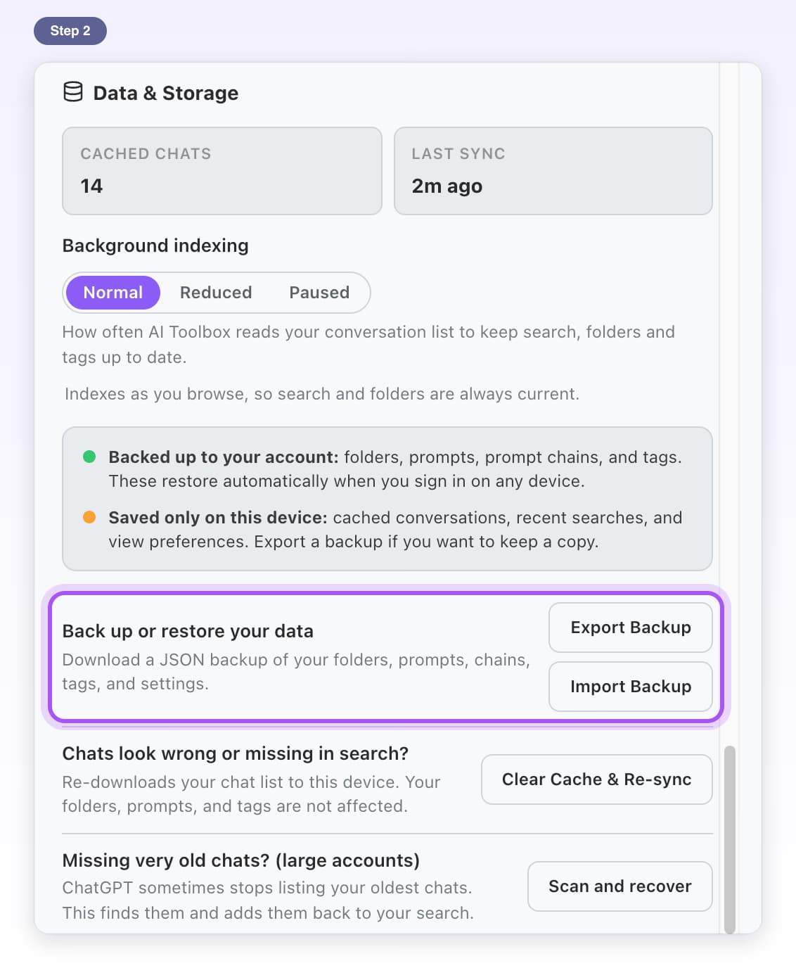 Settings scrolled to Data & Storage, with Back up or restore your data and its two buttons highlighted