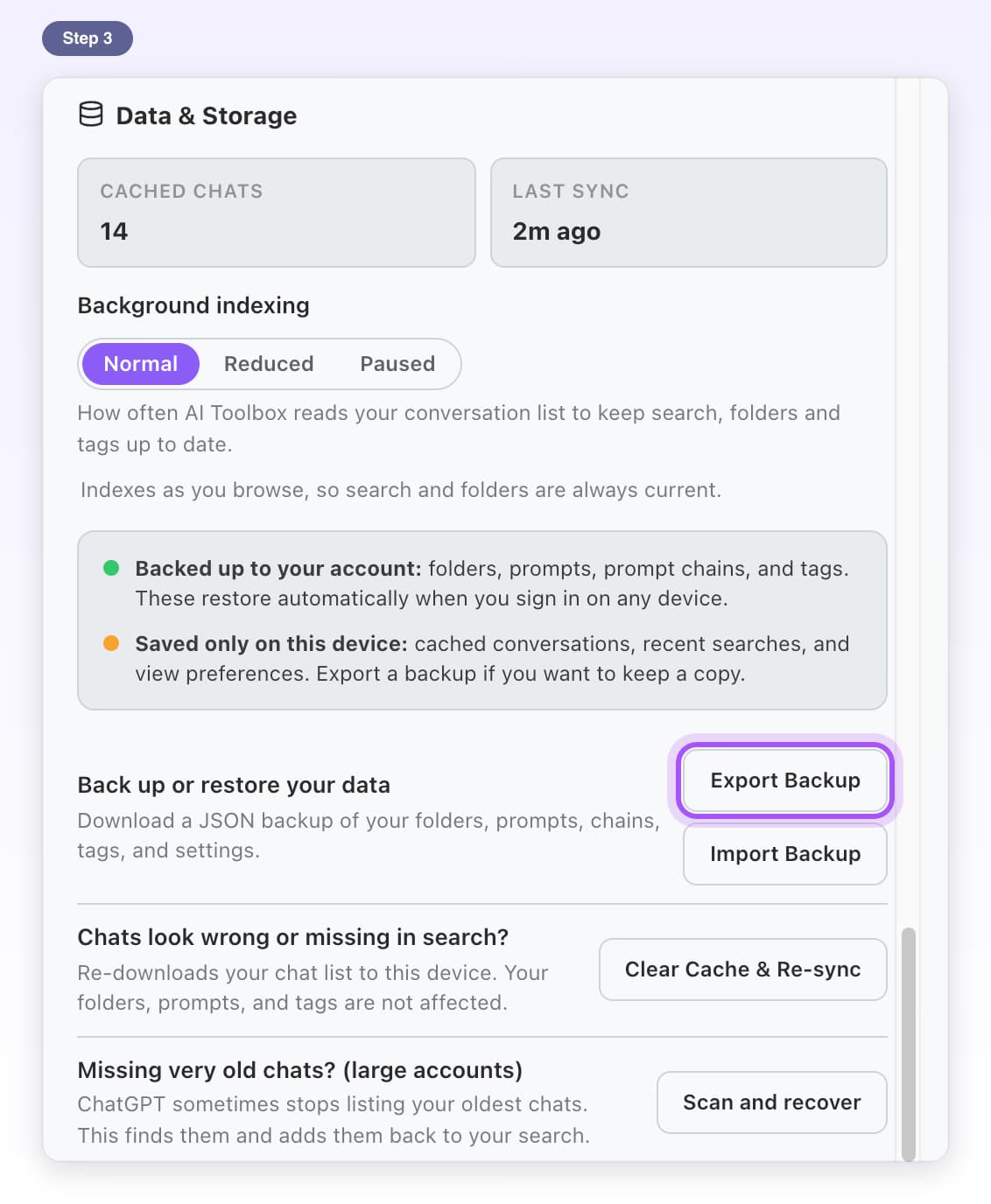 The Export Backup button highlighted in Settings, Data & Storage