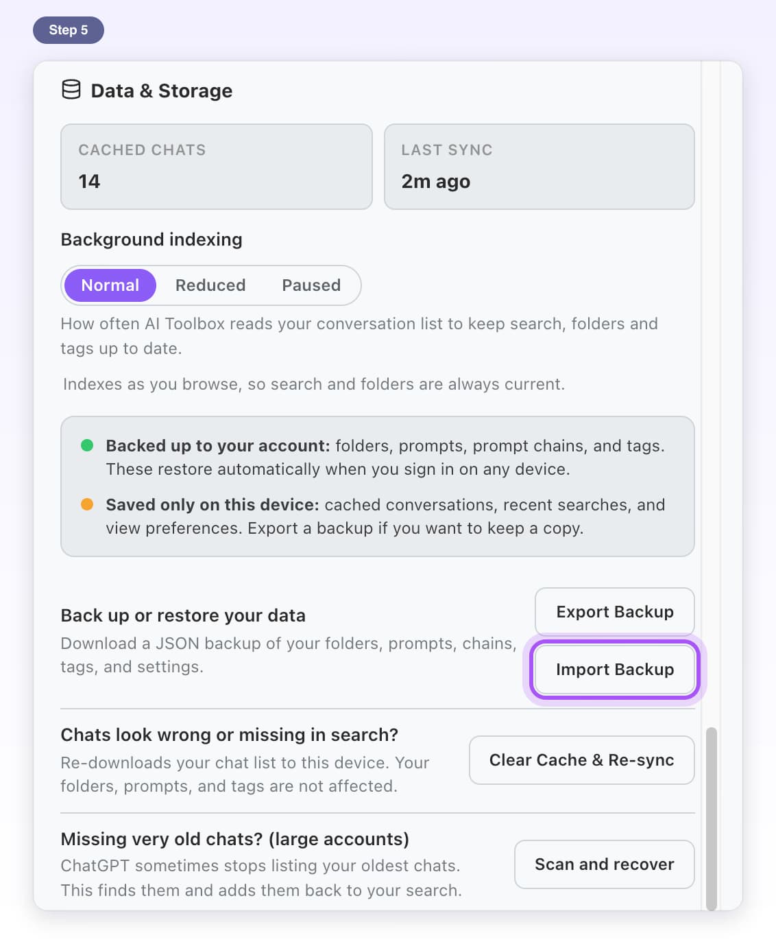 The Import Backup button highlighted in Settings, Data & Storage