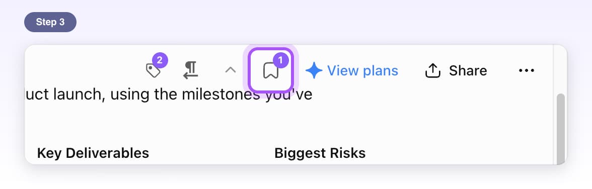 The bookmark icon at the top of the chat, left of Share, highlighted, with a small 1 showing this chat's bookmark count