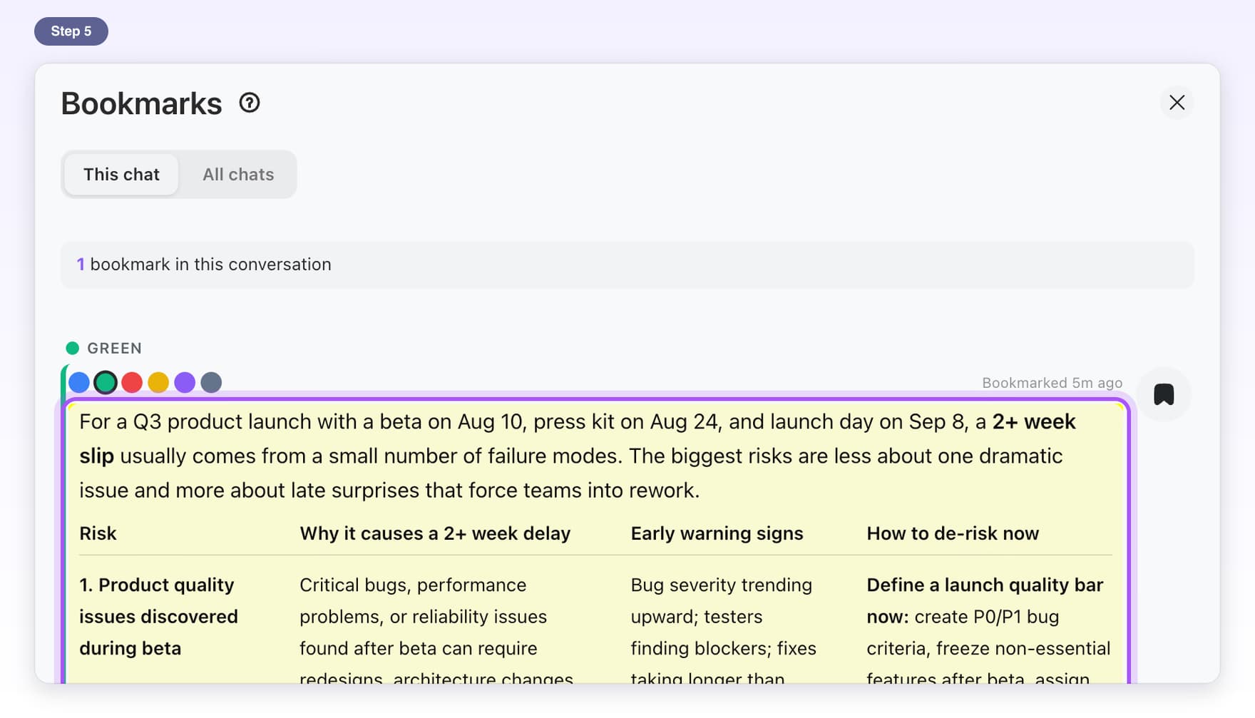 The bookmarked answer's preview highlighted in the Bookmarks window; click it to jump to that answer