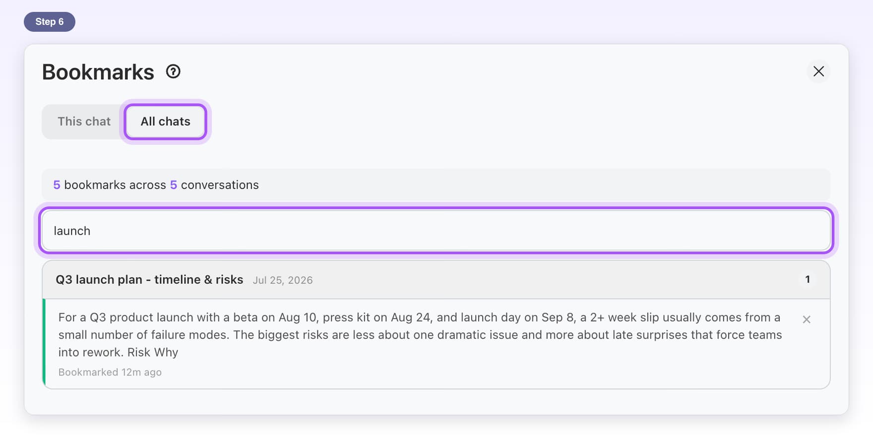All chats and the Search bookmarks box highlighted, with launch typed and the matching bookmark under its chat