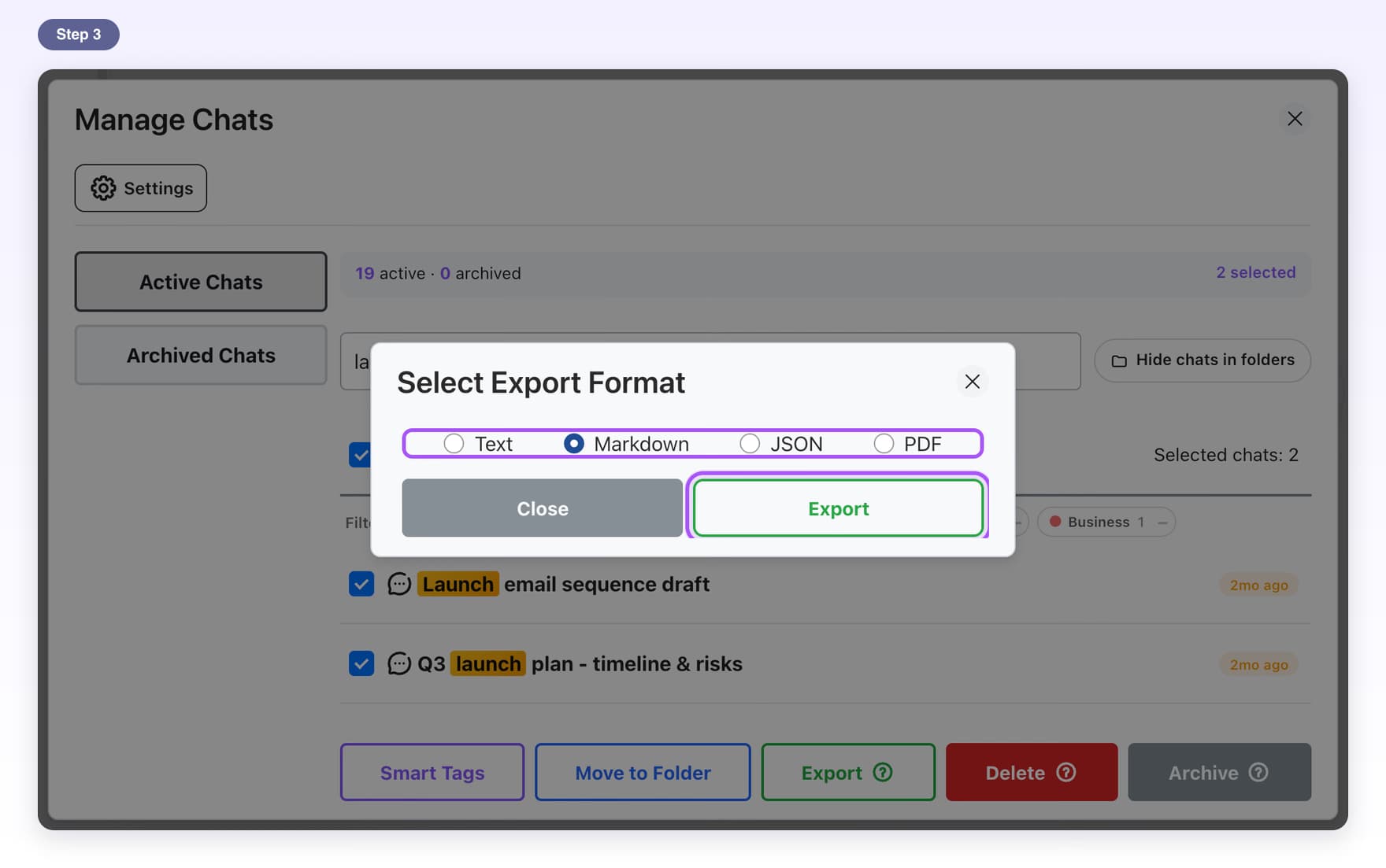 The Select Export Format window with Text, Markdown, JSON and PDF, and the Export button highlighted