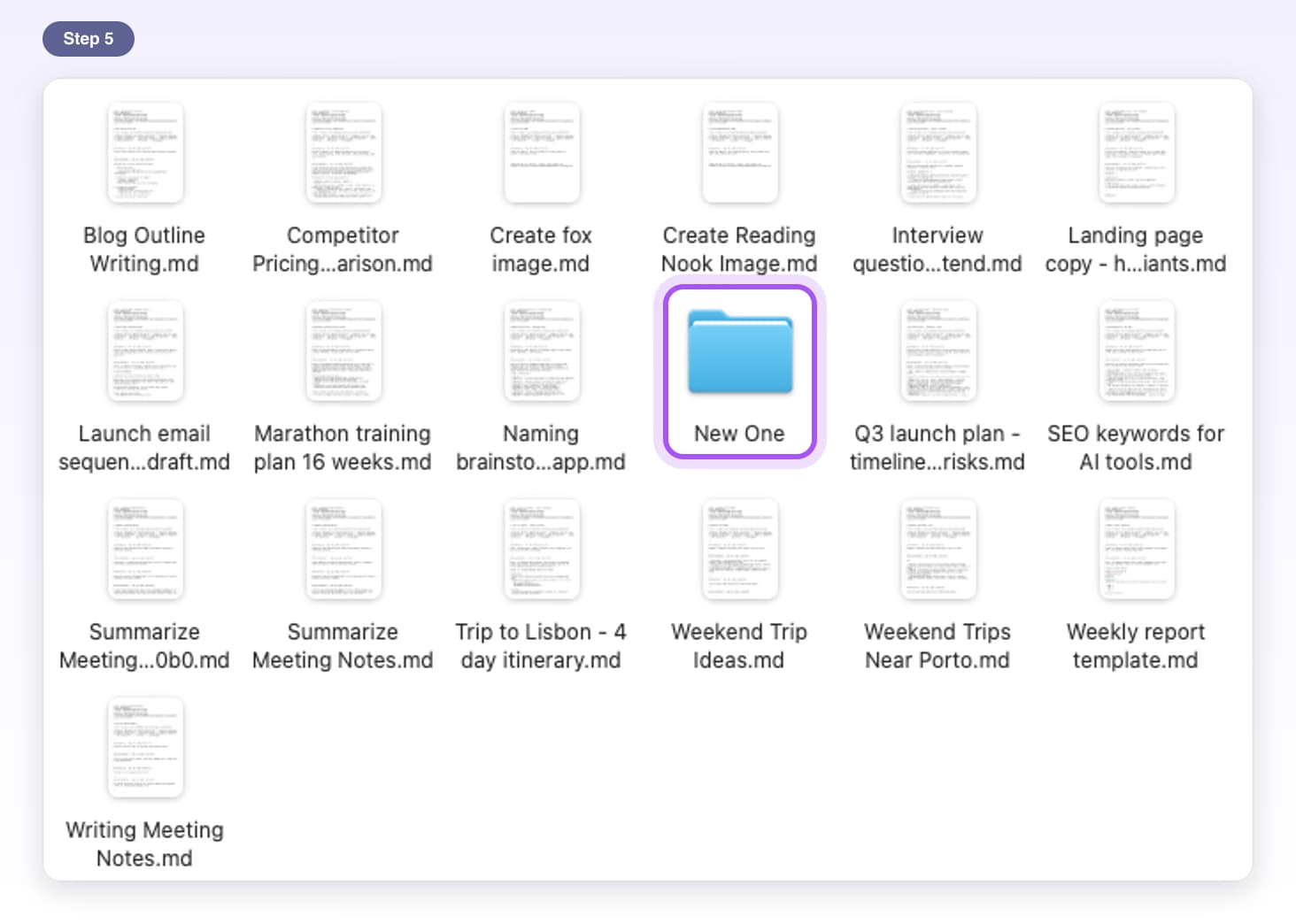 The unzipped export in Finder: one Markdown file per chat, and the New One project as its own folder, highlighted