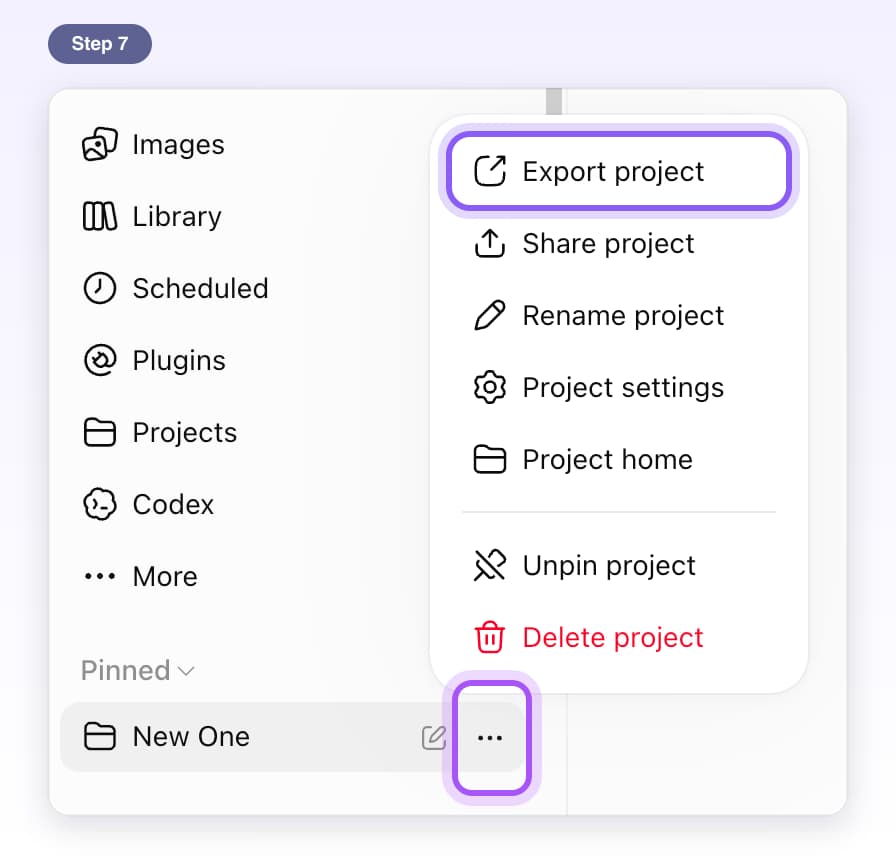 A ChatGPT project's three dots in the sidebar and its menu with Export project highlighted as the first item