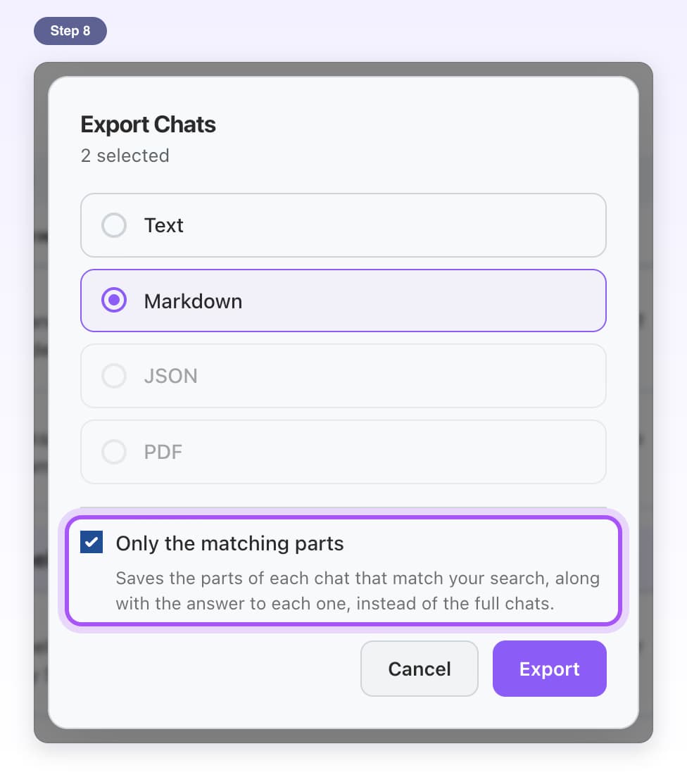 Export Chats from Search History with 2 selected, Markdown picked and Only the matching parts ticked and highlighted