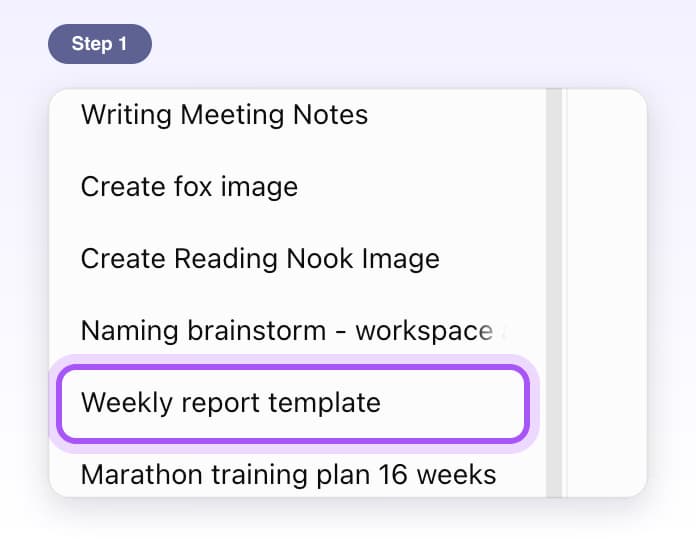 A saved chat, Weekly report template, highlighted in ChatGPT's list of chats on the left
