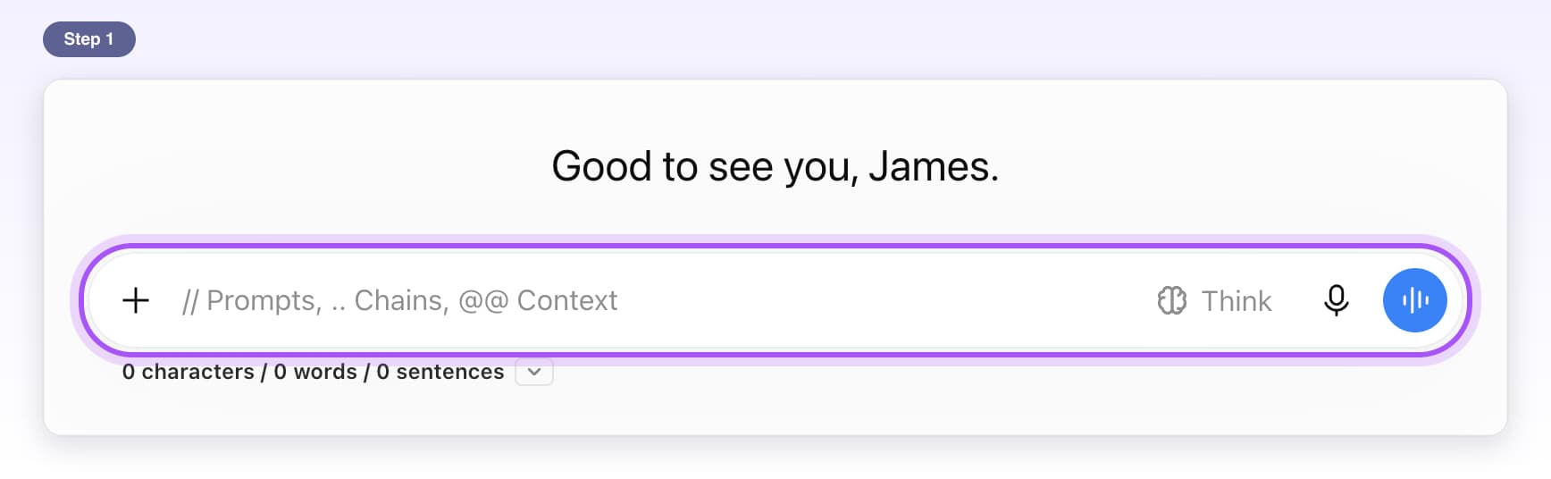 The ChatGPT message box highlighted, with its hint reading // Prompts, .. Chains, @@ Context