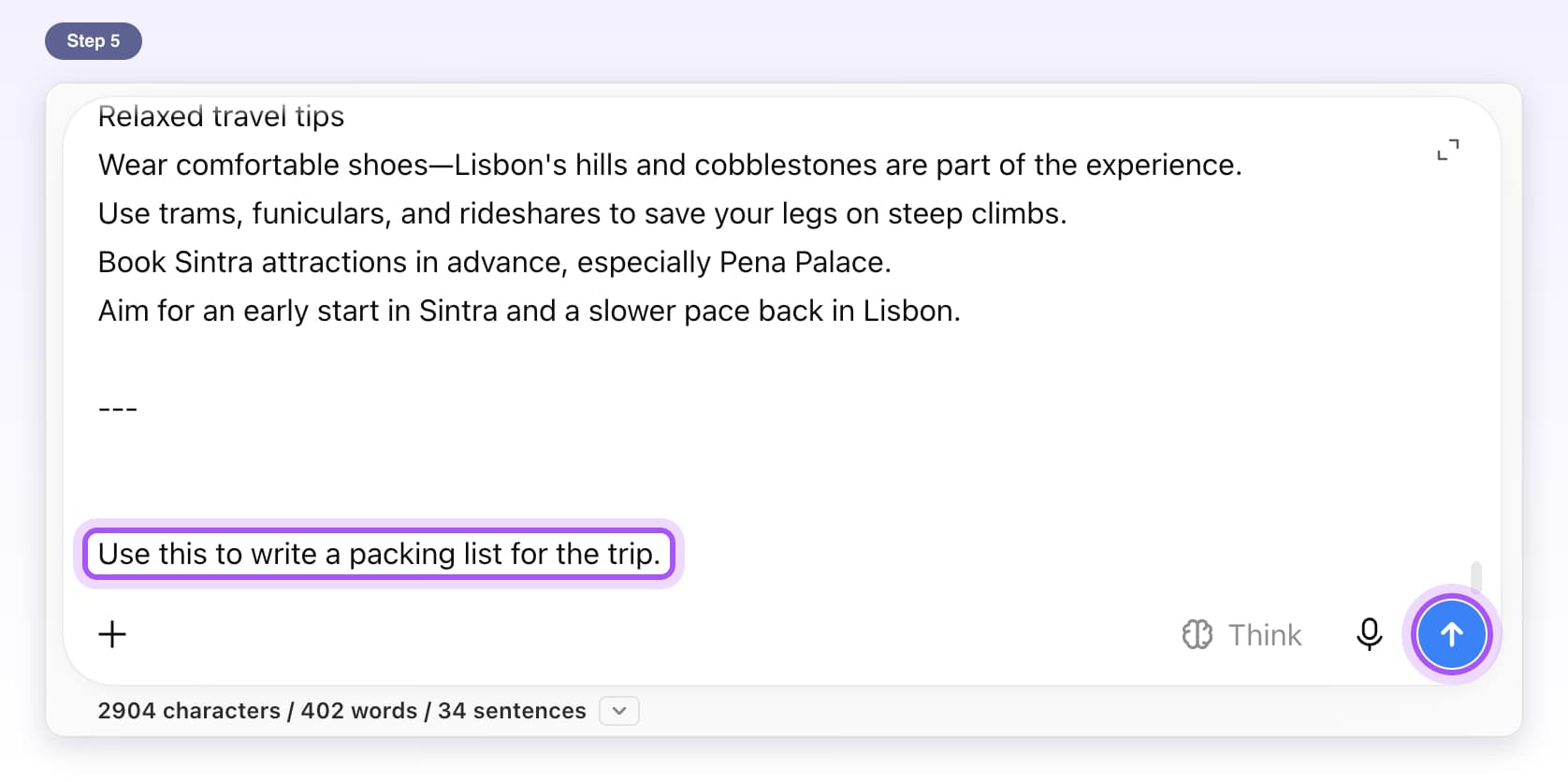 A question typed below the added chat, Use this to write a packing list for the trip, and the send button highlighted