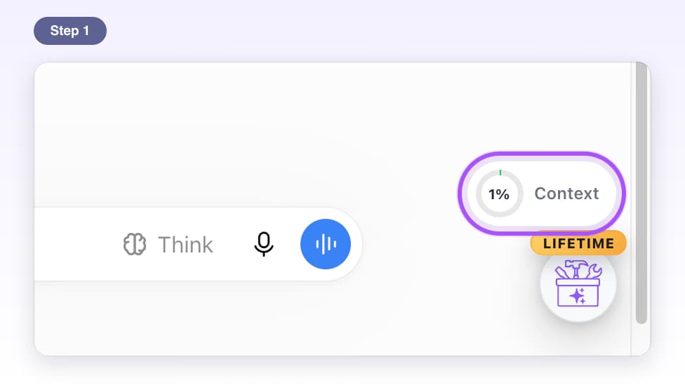 The Context ring showing 1%, highlighted just above the round AI Toolbox button in the bottom-right corner