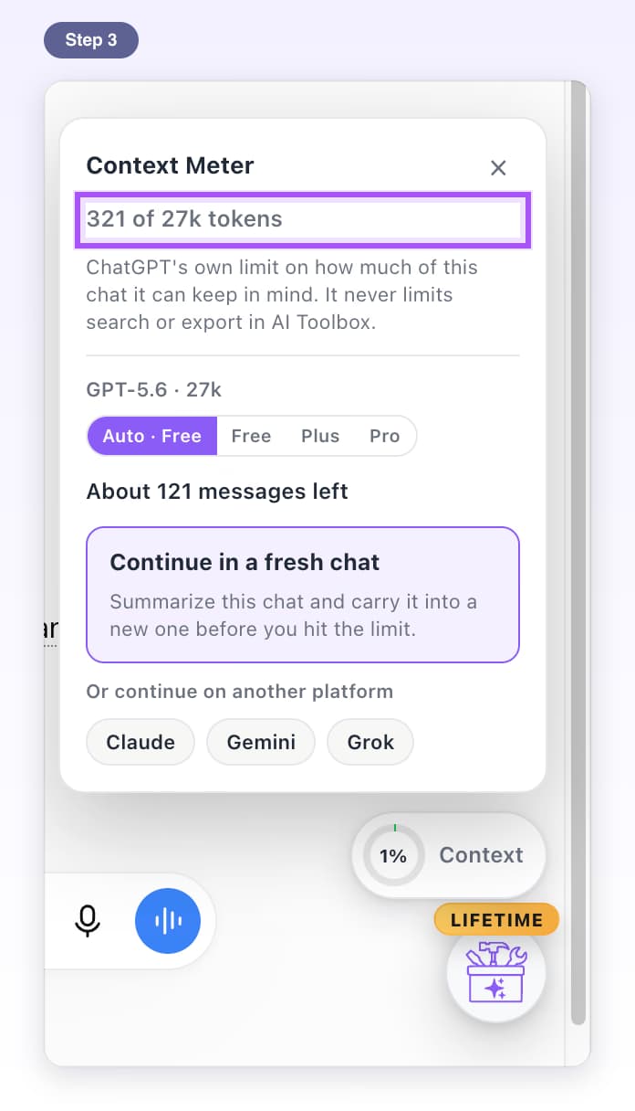 The Context Meter card opened above the ring, with its top line, 321 of 27k tokens, highlighted