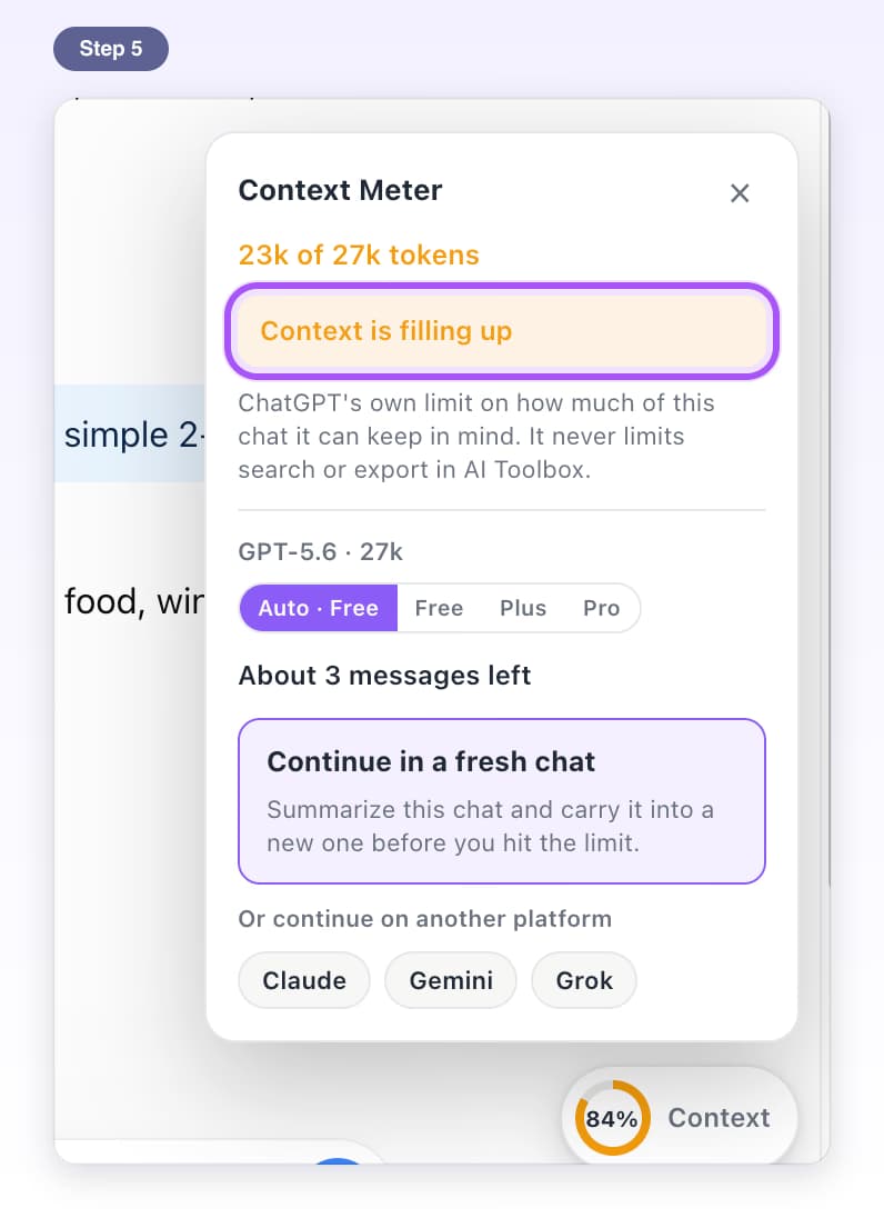 The Context Meter card at 84%, 23k of 27k tokens, with Context is filling up highlighted under the count