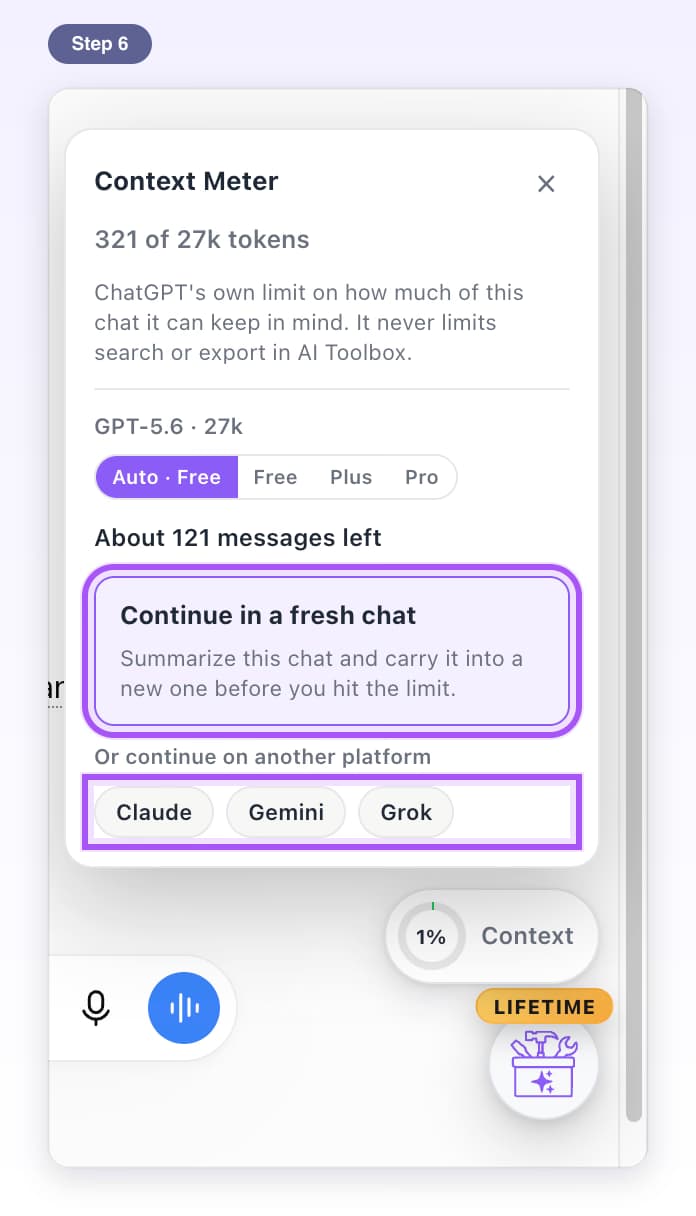 Continue in a fresh chat and the Claude, Gemini and Grok buttons highlighted in the Context Meter card