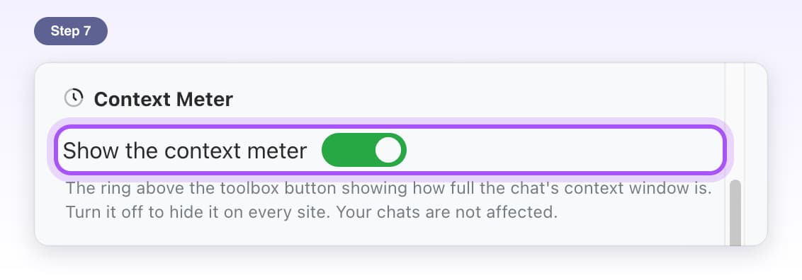 The Context Meter section in Settings with the Show the context meter switch highlighted