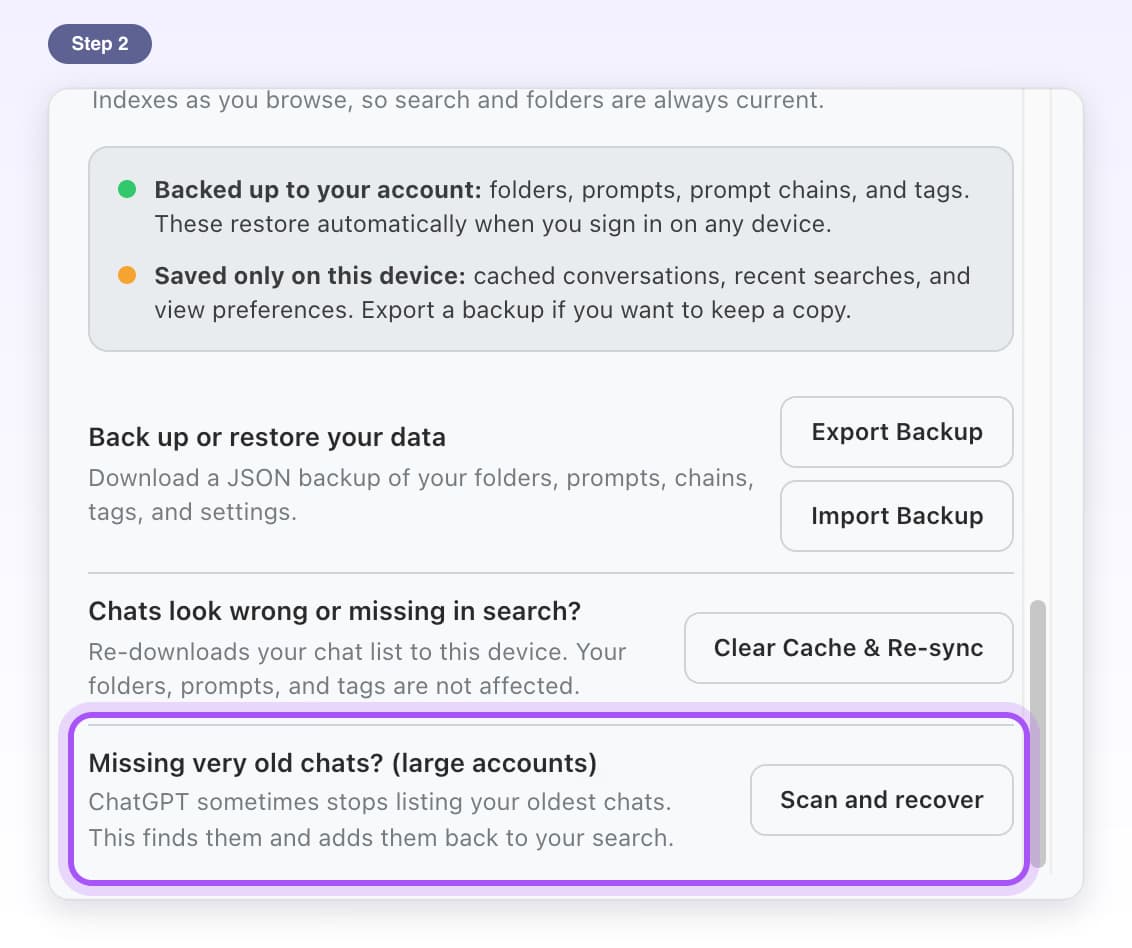 Missing very old chats? (large accounts) highlighted at the bottom of Data & Storage in Settings