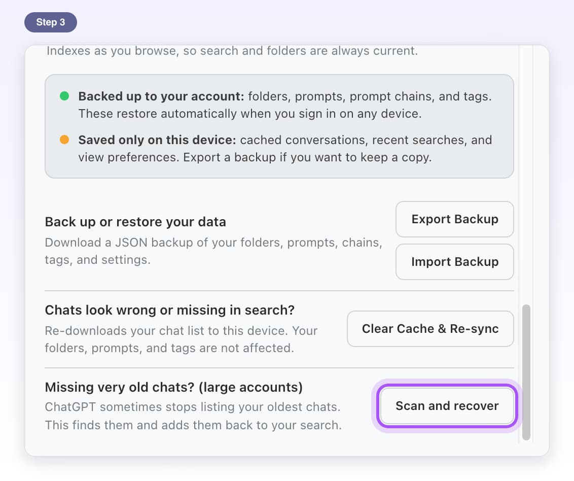 The Scan and recover button highlighted in Settings, Data & Storage