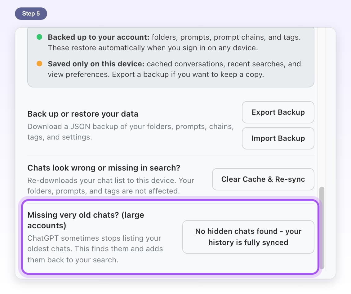 After the scan, the button reads No hidden chats found - your history is fully synced