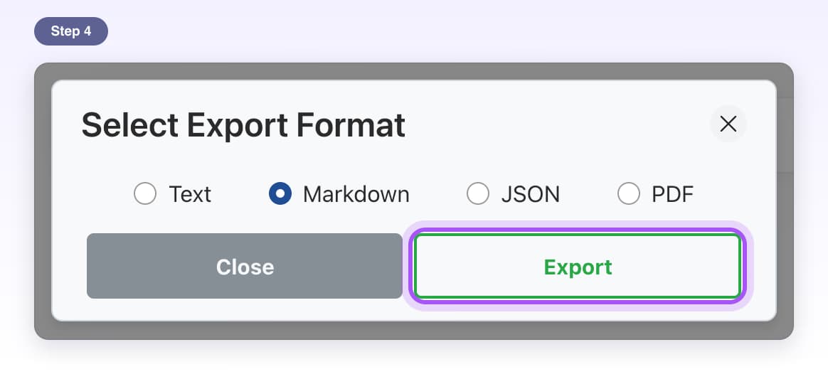 The Export button highlighted in the Select Export Format window, with Markdown picked
