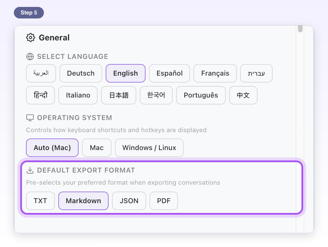 Settings, General section, with Default Export Format and its TXT, Markdown, JSON and PDF buttons highlighted
