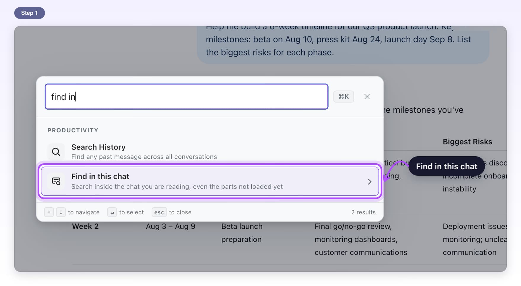 The Command Palette with find in typed and the Find in this chat result highlighted